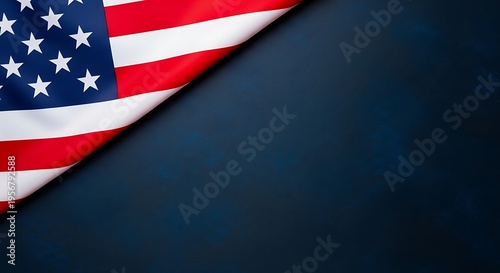 A folded american flag placed in the upper left corner against a dark textured blue background