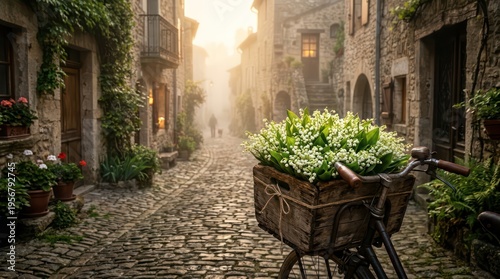 Vintage Bicycle with Basket of Lily of the Valley Flowers on a Misty Cobblestone Street in a Charming European Village