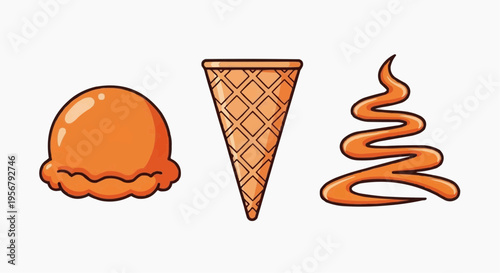 A delightful assortment of orange ice cream components, featuring a scoop, a cone, and a drizzle of sauce