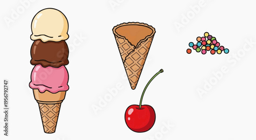 An eye-catching illustration of a delicious ice cream cone with assorted toppings, including a cherry and sprinkles