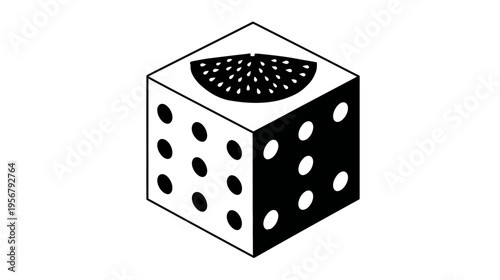 Black and white illustration of a die with a stylized watermelon slice on top