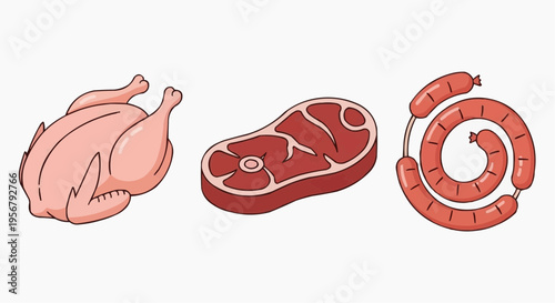 An array of freshly prepared meats, ready for cooking and consumption. The image presents a visually appealing selection of poultry, steak, and sausages.