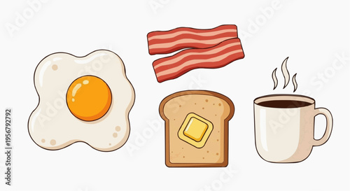 A delightful breakfast spread featuring sunny-side-up eggs, crispy bacon, buttered toast, and a steaming cup of coffee