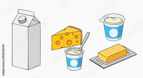 Dairy products assortment: milk carton, cheese, yogurt, and butter, representing the freshness and naturalness of the elements
