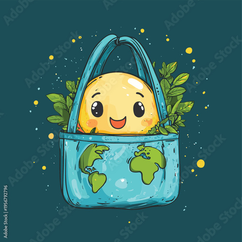 Cute happy eco bag and planet Earth , vector style simple color