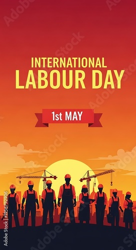 International labour day poster with silhouette of workers and construction cranes at sunset