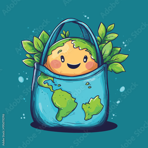Cute happy eco bag and planet Earth , vector style simple color