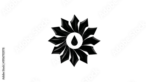 Stylized black floral design with a central droplet shape, set against a stark white background