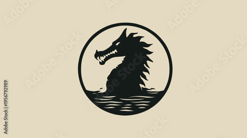 A stylized black dragon in a circle, rising from water on a beige background
