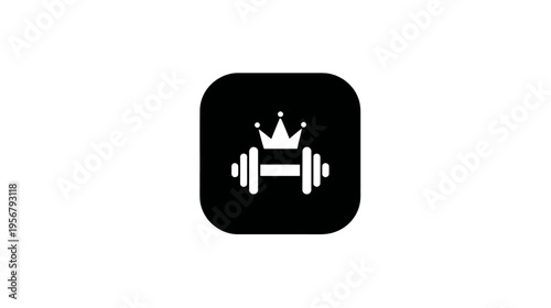 A white barbell with a crown sits centered in a rounded black square, contrasting against a white background