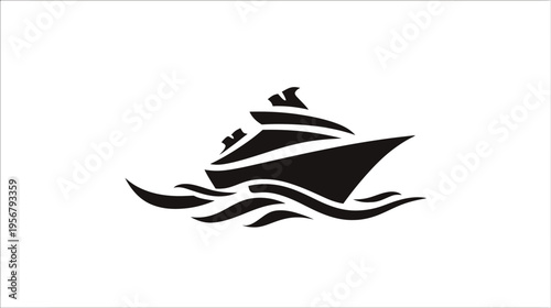 A black and white stylized illustration of a boat sailing on waves. A minimalist, graphic design