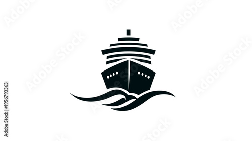 Black silhouette of cruise ship sailing on the sea. Shows front view with stylized waves