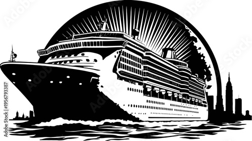Stylized black and white image of a cruise ship sailing in front of a city skyline