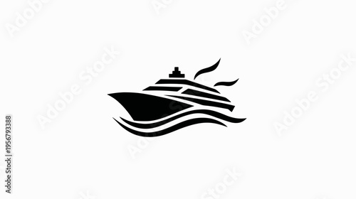 Silhouetted illustration of a ship sailing on the sea. Features smoke, waves and multiple decks