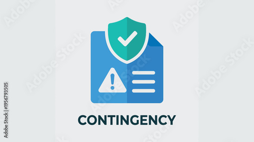 Vector graphic illustration of a document with a shield and warning sign representing contingency planning and risk management in a secure and protective environment for business and technology