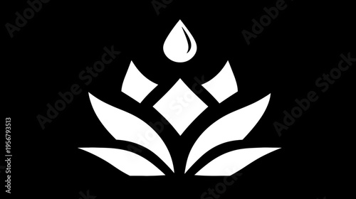 A white abstract image on a black background of stylized floral elements and a water droplet
