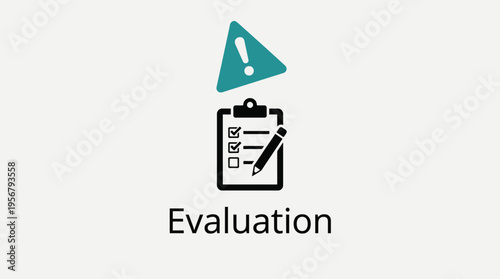 Vector graphic illustration of a clipboard with a checklist and a warning sign for evaluation and assessment purposes in a modern design