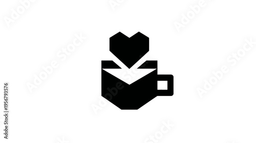 Black and white geometric logo depicts a heart above a cup. The heart seems to be pouring down