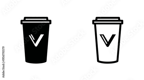 Two paper cup illustrations, one black, one white, each with a V-shaped icon