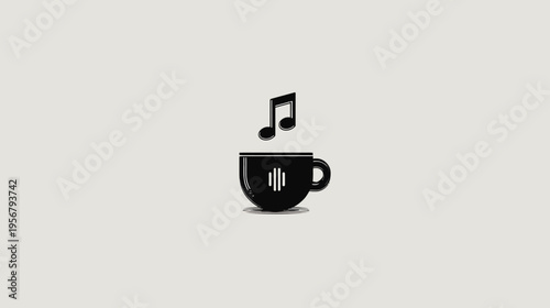 A black coffee cup design has musical notes floating above with audio lines on the front