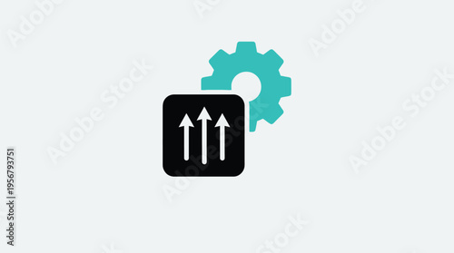 Vector graphic illustration of a gear and a square with three arrows pointing upwards representing growth and settings in a modern design