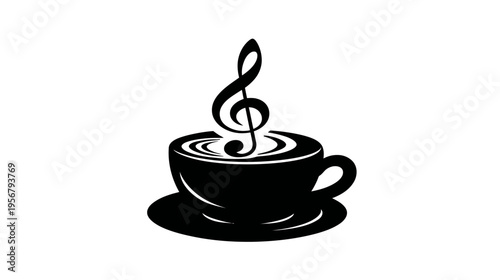 Black and white illustration of a coffee cup with a treble clef steam