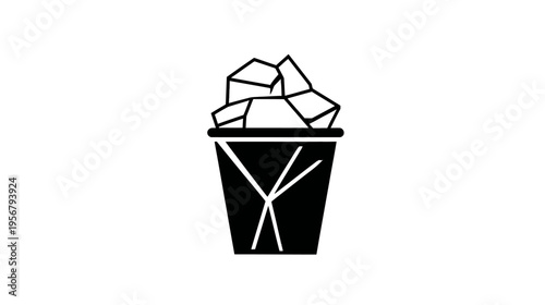 A black and white illustration of a waste bin overflowing with garbage