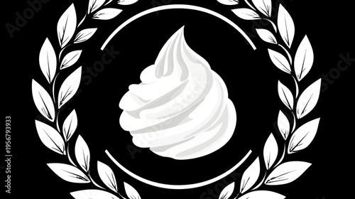 A white swirl of creamy soft-serve centered within a white laurel wreath against a black background