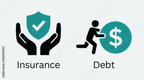 Vector graphic illustration of insurance and debt concepts with shield and running man symbols
