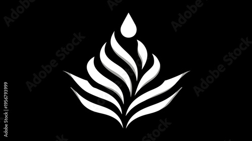 Stylized white emblem, a teardrop above layered, curved lines, resembling stylized flames, on black background