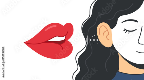 Red lips whispering secrets into an ear with sound waves