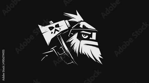 Stylized graphic of a bearded figure in a helmet holding an axe, high contrast black and white