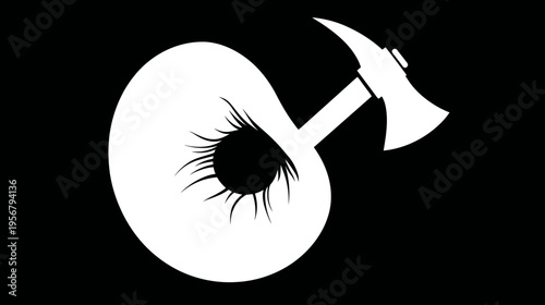 A white silhouette design features a large eye shape with eyelashes, bisected by a white axe