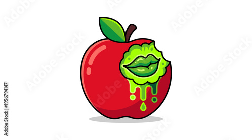 Red apple with a bite revealing green lips and dripping poison