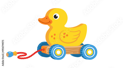Yellow wooden duck toy with red pull string on wheels