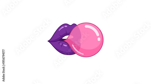 Purple lips blowing a pink bubblegum bubble