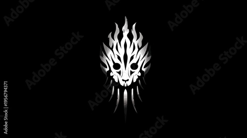 A symmetrical abstract illustration of a creature-like form with sharp lines and dark shades