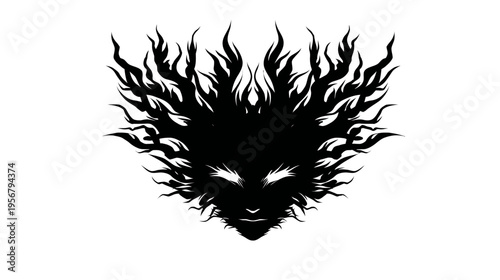 A stylized black illustration of a face with a fiery mane on a white background
