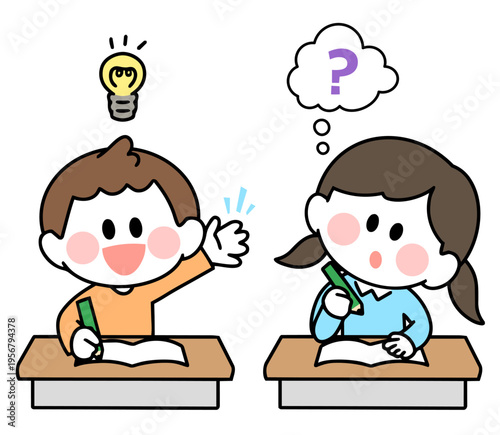 手を挙げる笑顔の男の子と首を傾げて考える　勉強する子どもたち