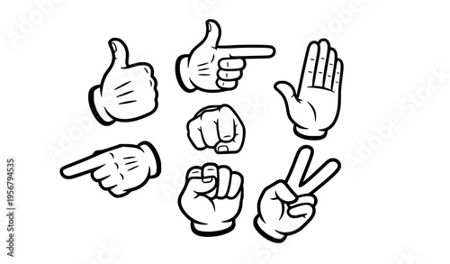 Expressive cartoon glove hand gestures vector collection with thumbs up pointing stop and peace signs