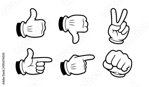 Black and white cartoon glove hand gestures vector set with thumbs up peace sign pointing and fist icons