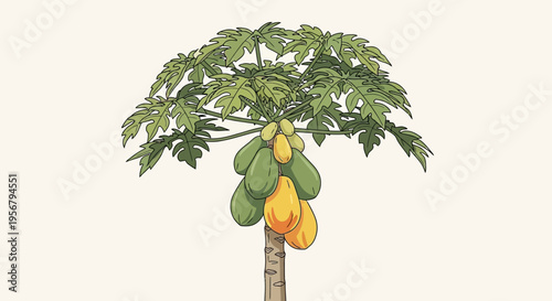 Papaya tree with green and yellow fruit.