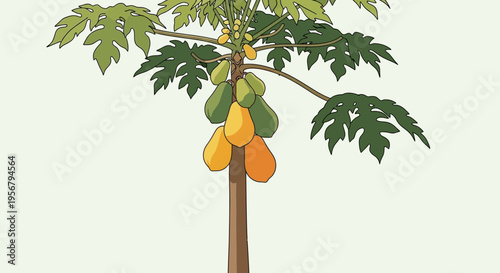 Papaya tree with green leaves and fruit.