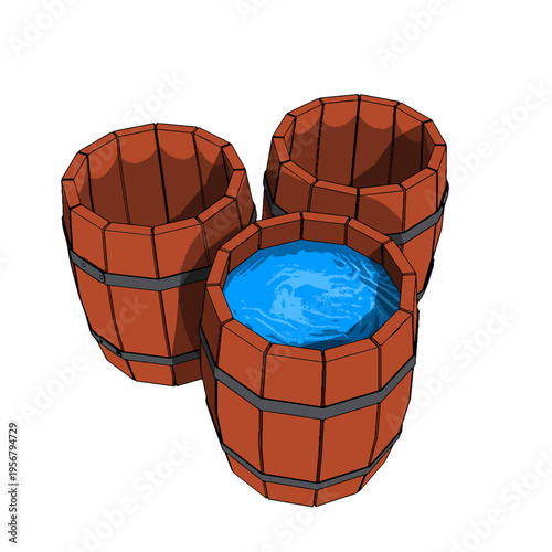 One Wooden Old Vintage filled by Water and Two Opened Empty Barrels. Vector Illustration.