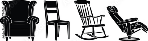 Chair silhouettes collection, upholstered armchair, wooden dining chair, traditional rocking chair, modern recliner furniture vector, interior design seating illustration