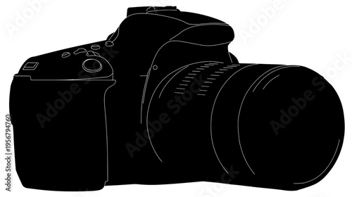 Silhouetted digital single-lens reflex camera in a three-quarter perspective on white backdrop