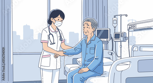 A reassuring nurse in a white uniform holds the hand of a sitting elderly patient in a hospital room with a city view background and calming blue tones.