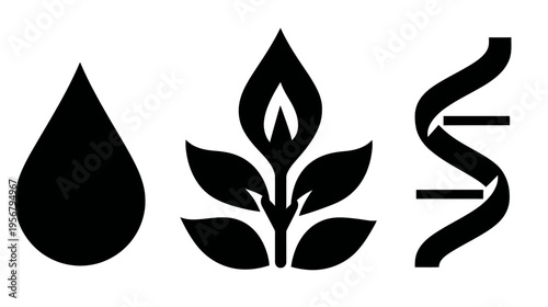 Three minimalist black icons water droplet, stylized plant with flame, and DNA double helix