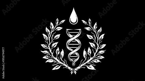 A white illustration on a black background. DNA helix enclosed by leaves and droplet