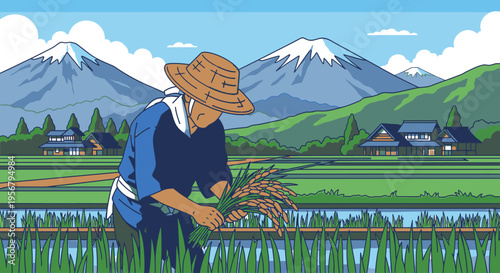 Illustration of a farmer planting rice seedlings in a paddy field with a mountain range in the background.
